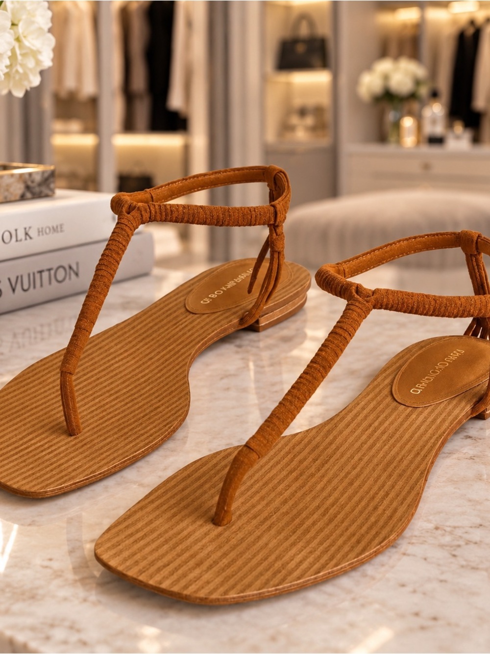 Veronica Beard Amelia Caramel Suede T-Strap Thong Sandals Size 8 - Picture 2 of 7